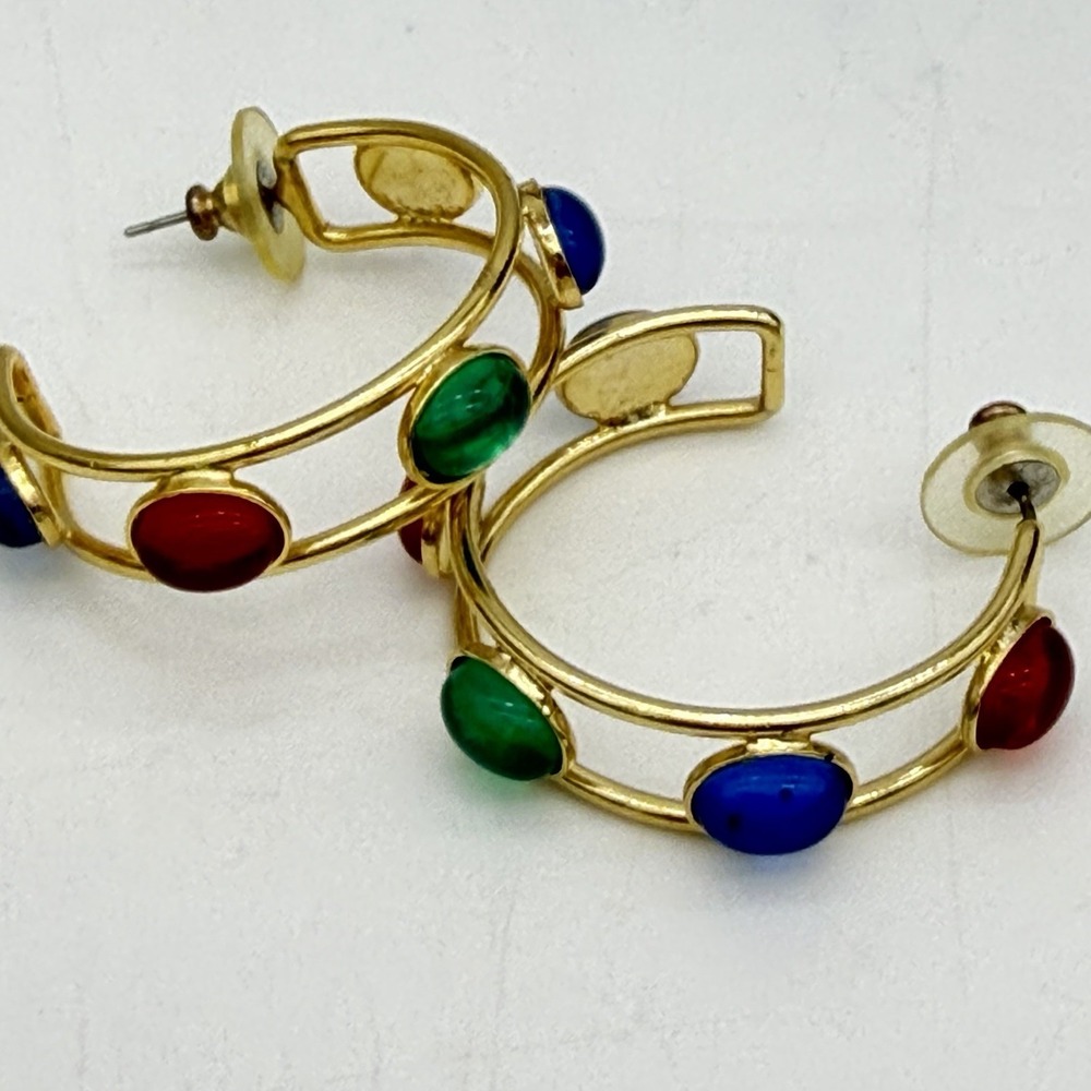 Vtg Mogul Hoop Earrings Gripoix Style Cabochon Red Blue Green Glass Large
